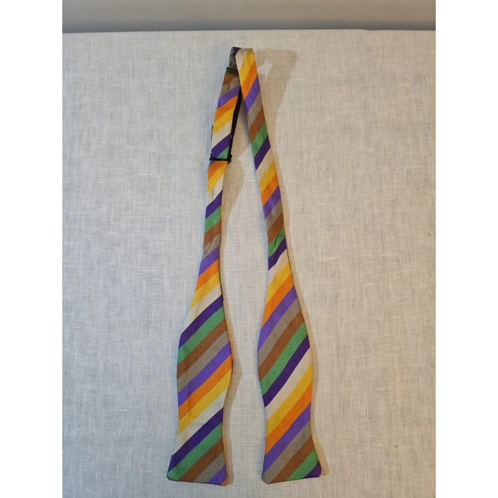 GJ CAHN 100% SILK PURPLE/GREEN/BROWN/YELLOW/TAN Stripe Hand Made Bow TIE